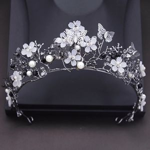 Princess Flower Wedding Crown Rimestone Imitation Pearls Butterfly Tiaras Band Bridal Bridal Hair Bijoux Bride Accessoires 240516