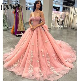 Princesse fleurs rose Tulle Quinceanera robes hors de l'épaule robe de bal doux seize robe robes vestidos 16