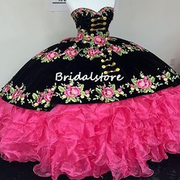 Prinses fushia quinceanera jurk charro floral borduurwerk baljurk Mexicaanse zoete 15 jurken corset vestidos de 16 años 2022 luxe prom jurk verjaardagstoga's