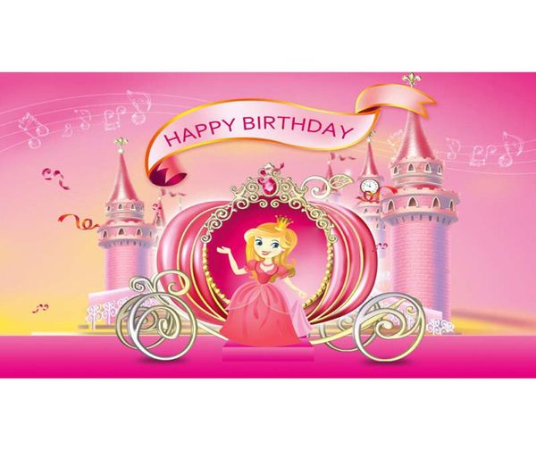Princesse fille joyeux anniversaire toile de fond rose imprimé Notes de musique chariot nouveau-né bébé enfants fête thème Photo arrière-plans3113514