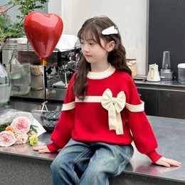 Princesse filles vêtements pull années rouge arc tricots pulls automne hiver doux enfants pulls coréen col rond haut en tricot mignon 231228