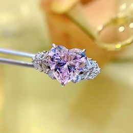 Anillo de diamante rosa de 10mm con corazón de princesa, Plata de Ley 925 100% auténtica, anillos de boda para fiesta, joyería de compromiso nupcial para mujer