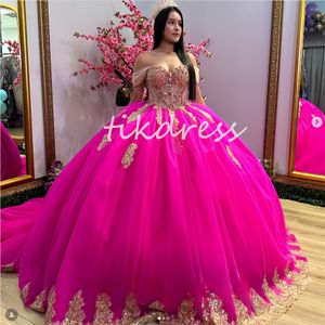 Princess Hot Pink Quinceanera Robe 2024 Cendrillon Vestidos de 15 Quinceanera Lace Up Quinze Birthday Robe Gold Appliques Crystal Crystal XV Anos Robe de Bal 16