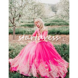 Princesse rose vif Quinceanera robes 2024 Aurora Costum Cosplay doux 16 robe d'anniversaire à manches longues or pailleté quinze beauté inspiré robes De Xv débutante