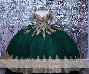 Prinses Hunter Green Powijnen Quinceanera -jurken met boog kanten applique kristallen kristallen kwastjes jubileum baljurk