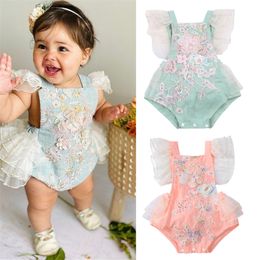 Prinses baby babymeisjes kanten geborduurd romper lieve baby ruches fly mouw backless jumpsuit zomer romper 0-24m 220525