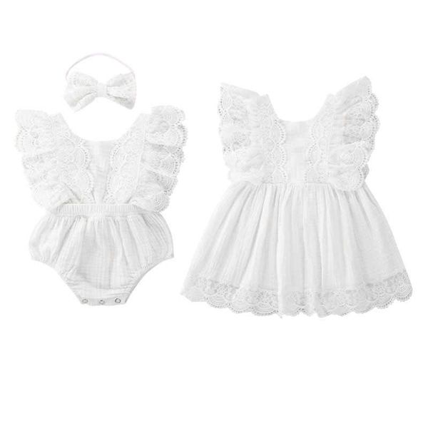 Princesse Infantile Bébé Filles Dentelle Barboteuse / Robe Manches Volantes Dentelle Blanche Volant Manches Arc Dos Combinaison + Bandeau / Robe 0-5Y Q0716