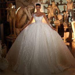 Prinses ivoor kanten bruiloftjurken baljurk illusie illusie lange mouw bloemen appliques mariage bruidsjurken vestido de noiva