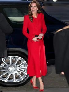 Prinses Kate Middleton Nieuwe Luxe Mode Herfst Hoge Kwaliteit Dames Elegant Casual Party Office Zoete Rode Jurken Met Lange Mouwen
