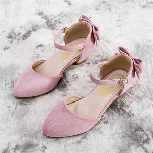 Princesa niños zapatos de cuero para niñas flor casual brillo niños tacón alto zapatos de niñas mariposa nudo azul rosa pavo real azul 210306