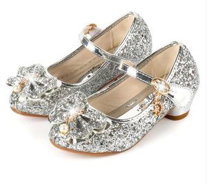 Princesa niños zapatos de cuero para niñas flor Casual brillo niños zapatos de tacón alto niñas mariposa nudo azul rosa plata GA579