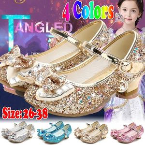 Princess Kids Leer schoenen voor meisjes Flower Casual Glitter Kinderen Hoge Heel Girls Schoenen vlinder knoop blauw roze zilver 240412