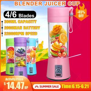 Princess Kitchen Set draagbare vruchtensap 380 ml 6 messen Portables Elektrisch huis USB Oplaadbare smoothie maker Blenders Machine Sportflessen Juicing Cup cadeau