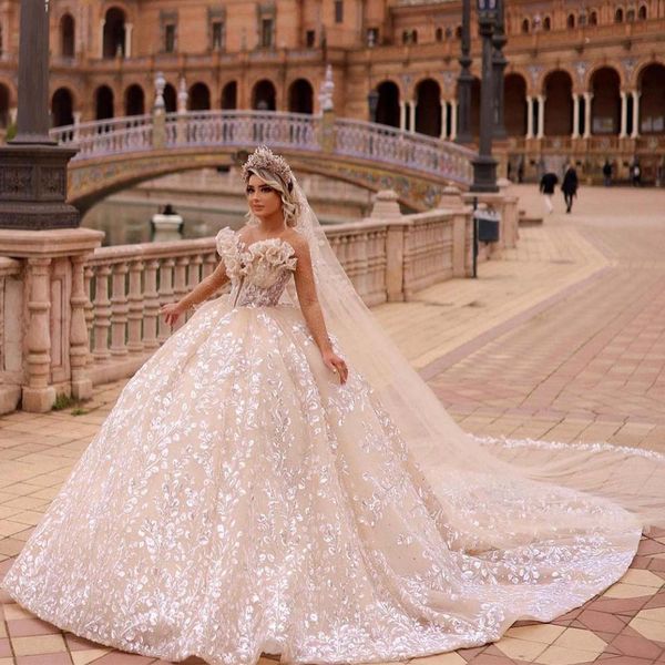 Princesse dentelle robe de bal robe de mariée bouffante pure bijou cou à manches longues paillettes Dubaï robes de mariée robe de mariée personnalisée
