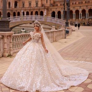 Princess Lace Ball Robe mariage Puffy Sheer Jewel cou à manches longues paillettes Dubaï Robes de mariée de mariée Dubaï Robe de mariée