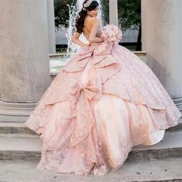 Vestidos de quinceañera de encaje de princesa Halter Backless Ball Gown Blush Pink Prom Sweet 15 Dress Ruffle Bow Back Vestido largo de graduación Vestido De VX Anos 2023