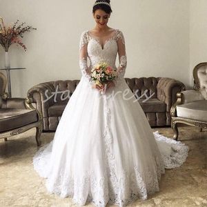 Prinses Kanten Trouwjurk 2024 Lange Mouwen Appliques Tuin Landelijke Tuin Bruidsjurk Wit Sweep Trein Kerk Civiele Bruidsjurken Mariage Vestios De Novias