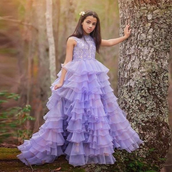 Vestidos de desfile de princesa lavanda sin mangas de encaje con volantes escalonados vestido de niña de flores 2020 vestidos largos de cumpleaños para niños