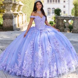 Princesse Lavande Quinceanera Robes Doux Hors Épaule Dentelle 3DFlowers Applique Robe De Bal 15 16 Robe De Bal Fête D'anniversaire Porter