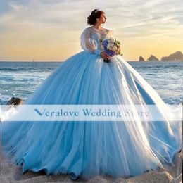 Princess Light Blue Quinceanera -jurken met lange mouwen Tule Sweet 16 prom feestjurk Appliques Vestidos de 15 anos