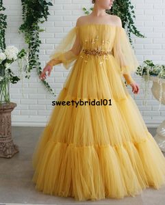Prinses Lange A-lijn Avondjurk 2021 Puffy Ball-jurk Lange mouw Sheer Glitter Dames Formele Prom Party Jassen