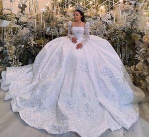 Princesse à manches longues paillettes perles Dubaï robe de bal robe de mariée Illusion col carré cristal saoudien arabe robe de mariée 2022 Vestidos Noiva Mariage