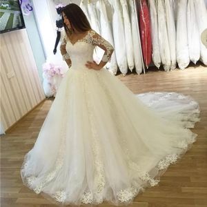 Princesa mangas largas vestido de novia de tul con cuello en v encaje apliques corsé vestidos de novia espalda con cordones vestido de bola más tamaño vestido de novia 2023