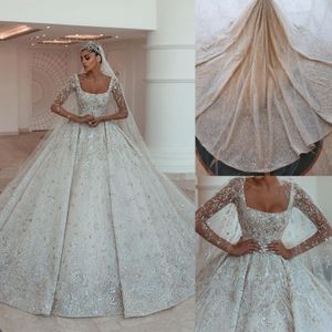 Prinses Luxe trouwjurken Crystal kralen vierkante kraag lange mouw Vestido de novia bruidsjurken op maat gemaakt