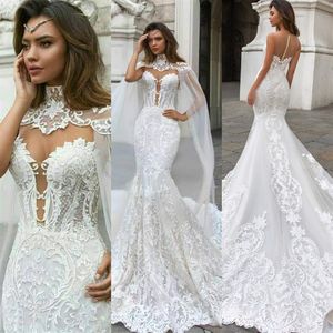 Princesse Sirène Robe De Mariée Avec Cape Sexy Col Haut Robe De Mariée Bohème Applique Plus La Taille Dubaï Robe De Mariée Pas Cher Vestidos197T