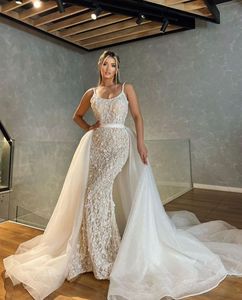Princesse sirène robes de mariée 3D Appliques bretelles spaghetti robe de mariée sur mesure dentelle avec surjupes robes de mariée