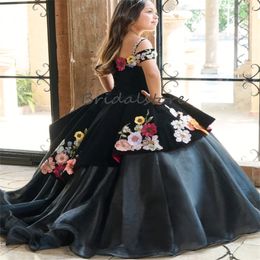 Princesa Mexican Flower Girls Dresses 2024 Purple Black Mariachi Kids Vestidos Quinceañera Mexicanos De Gala Girls Pageant Party Charro Mariachi Quinceanera Kids