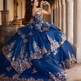 Princess Navy 2024 Blue Off épaule Quinceanera robes Appliques Perles en dentelle Party Sweet 16 Versidos de robe de bal de 15 anos