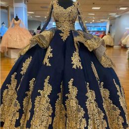 Princesse Bleu Marine Quinceanera Robes Manches Longues Or Applique Perles Doux 16 Robe Pageant Robes robes de 15