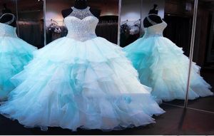 Princess Ocean Blue Ball Jurk Quinceanera jurk 2020 Sweet 16 jurken kralen pailletten pure nek debutante jurken plus size vestidos276947