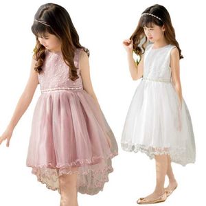 Princesa fiesta boda vacaciones para niñas elegante arco rebordear flor cintura decoración niños vestido rosa blanco ropa sin mangas Q0716