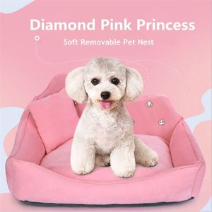 Princess Pet Nest Luxury Diamond Pink No Pilling Hondenbed Vochtbestendig Antislip huisdierkussen Verwijderbaar Gemakkelijk schoon te maken Hond Kattenbank 210188O
