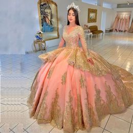 Robe de bal rose princesse Quinceanera robes appliques avec perle douce 16 robes d'anniversaire filles à manches longues
