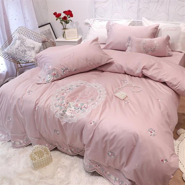 Princesse rose coton ensembles de literie de luxe roi reine taille broderie pastorale fleur blanc menthe vert housse de couette housse de couette Bed303A