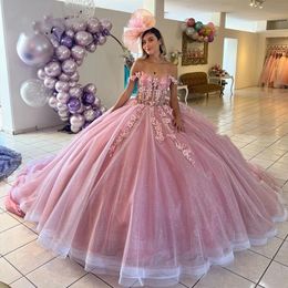 Prinses Pink Lace Quinceanera Dress Off Shoulder Plus Size Vestidos Para Prom feestjurken voor zoete 16 meisjes