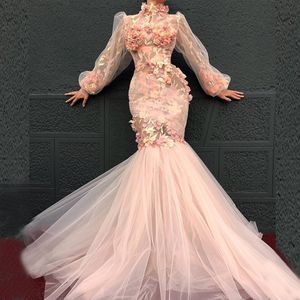 Princesa rosa sirena vestidos de novia apliques de encaje mangas largas vestidos de novia cuello alto hasta el suelo Vintage matrimonio Robe De Mari￩e