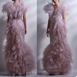 Robes de bal princesse rose à plusieurs niveaux gonflées en tulle robe de soirée sirène col en V profond sans manches tenue de soirée formelle sur mesure robe de novia