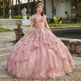 Princess Pink Quinceanera Vestido Sexy V-Neck sin respaldo con Vestidos de fiesta de Prom Party de encaje de flores 3D Femme Femme