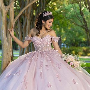 Princesse rose quinceanera robes anniversaire fête robe manche courte perlé perlé de lacet brillant jupe gonflée vesridos de