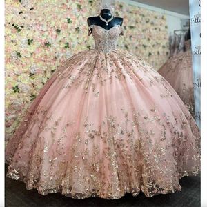 Princesse rose quinceanera robes anniversaire fête robe manche courte perlé perlé de lacet brillant jupe gonflée vesridos de