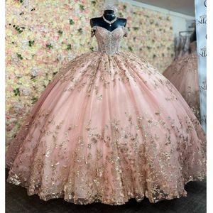 Prinses Roze Quinceanera Jurken Verjaardagsfeestje Gewaad Korte Mouw Kralen Sparkly Lace-up Corset Gezwollen Rok vesridos de