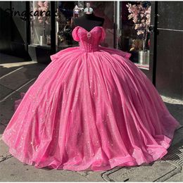 Princess Pink Quinceanera Vestidos Corsé Glitter Beads Rhinestones Fiesta de cumpleaños Dulce Vestido de baile