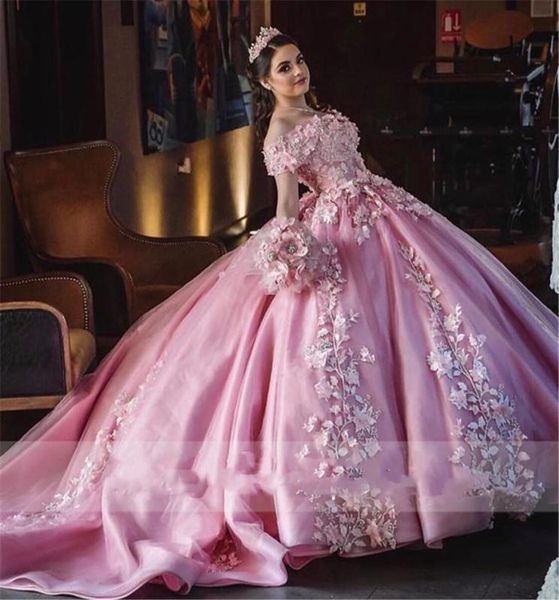 Princesa Rosa Vestidos de quinceañera Fuera del hombro Corsé con cordones florales en 3D Top 15 Fiesta Vestidos de cumpleaños brillantes Dulce 16 Debutante7131363