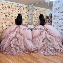 Princesa rosa lantejoulas quinceanera vestidos 2023 com manga glitter bling aniversário xv vestido de 15 anos aniversário baile pageant brilho charro vestidos para xv anos