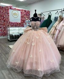 Princesa Pink Sweetheart Ball Gown Quinceanera Dresses 2023 Beaded Birthday Prom Dresses Bow Vestido De graduación Vestido De 15 Anos