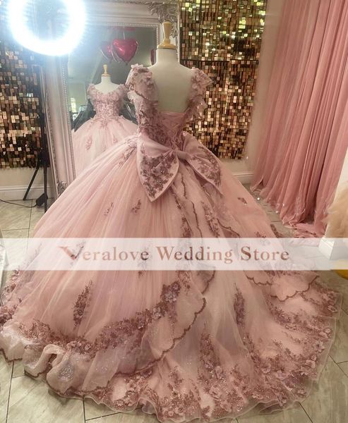 Princesse rose vestidos de 15 ans robes de Quinceanera Appliques dentelle épaules dénudées doux 16 robes de soirée fille tenue de bal